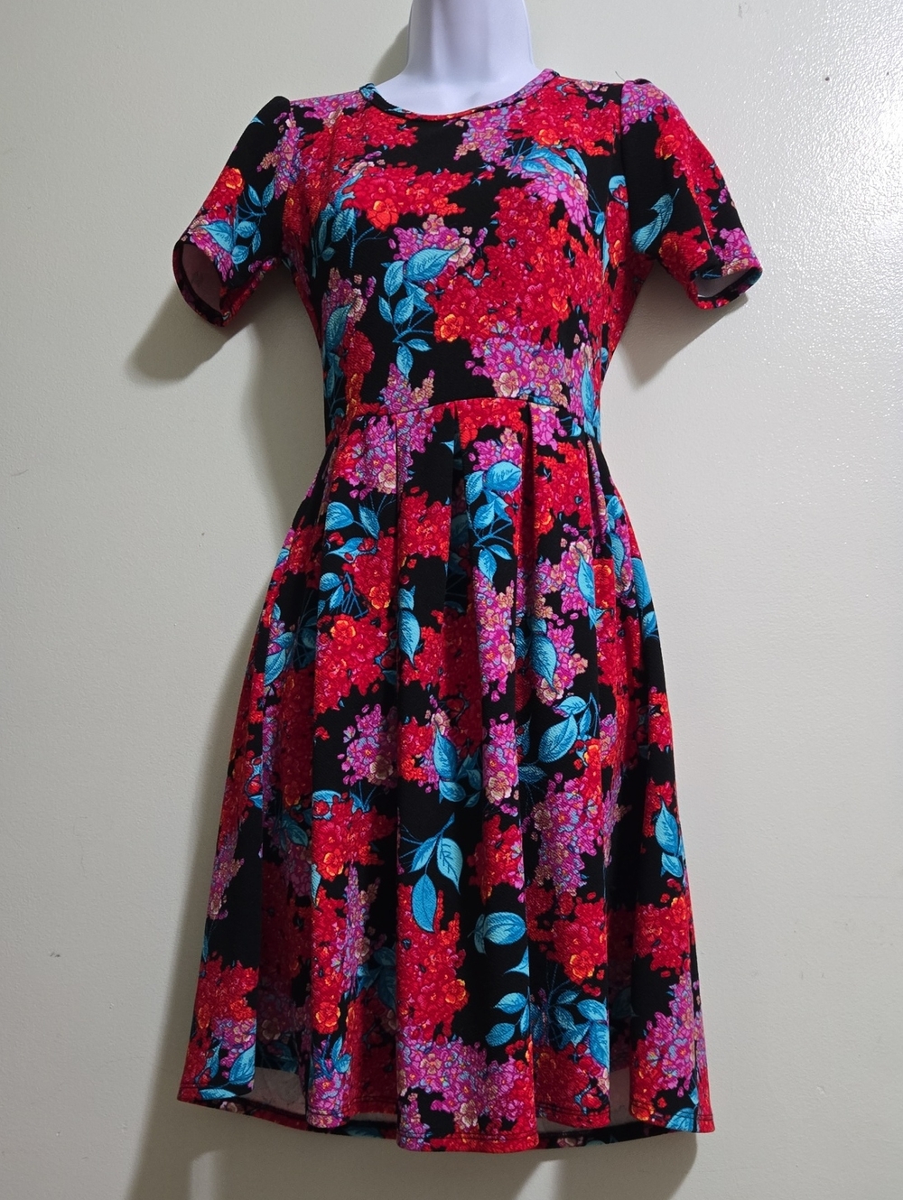 LuLaRoe Black Dress with Red, Pink & Blue Floral Print